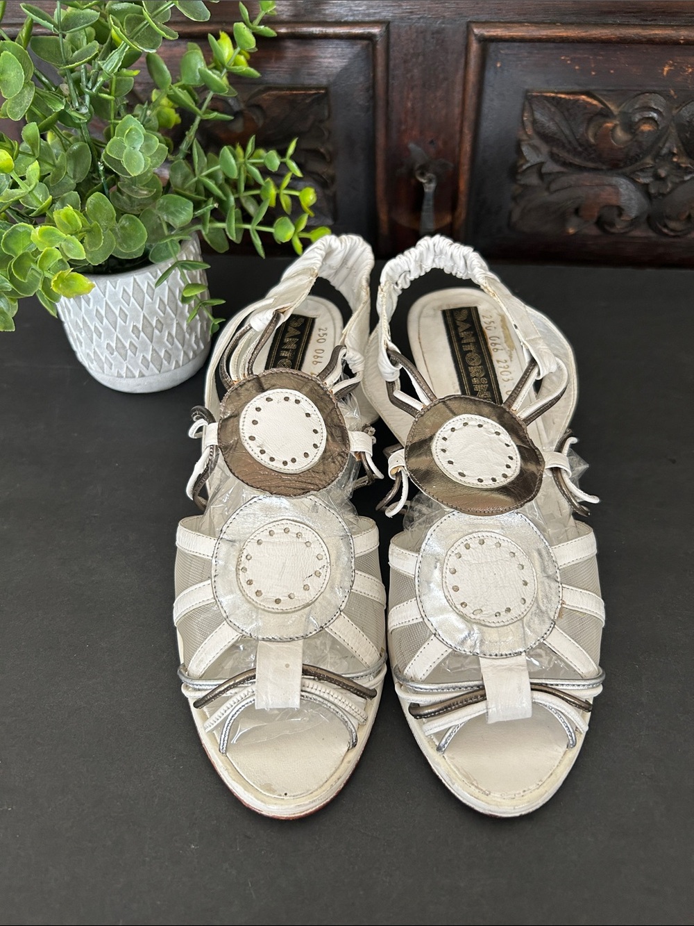 Women's White Slingback Sandals with Metallic Accents